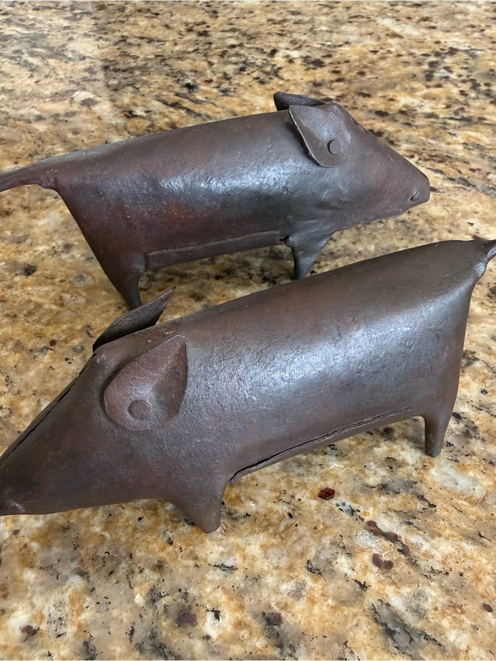 Vintage Forged Metal Pig Folk Art Sculpture Pair Handcrafted 7” Rustic